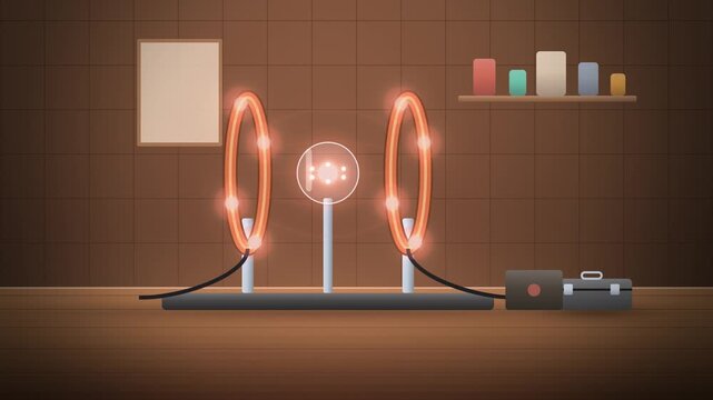 Copper field coils around a glowing bulb quantum physics lab close-up