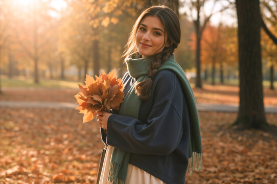 Young woman holding a bouquet of autumn leaves in a park. Smiling brunette girl wearing a sweater and scarf on a sunny fall day