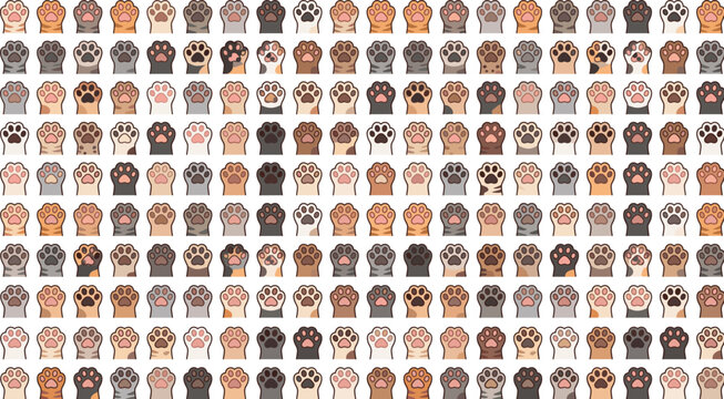 Cat paw print collection colorful cute kawaii cartoon tabby calico tortoiseshell spotted striped solid pattern flat vector icons set