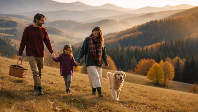Happy family with a dog walking in autumn mountains. Parents and child holding hands carrying a picnic basket on a grassy hill during fall sunset