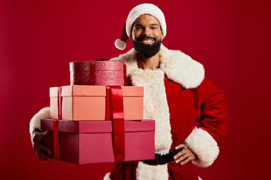 Stylish African American man in Santa costume poses with colorful gifts on red backdrop
