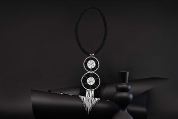 African beaded statement earrings featuring bold geometric patterns and cascading black and white strands, styled with sculptural vases for a striking monochrome fashion still life. © Valerie