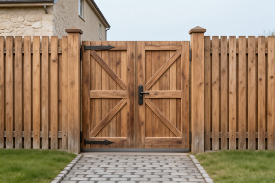 Rustic double wooden garden gate in matching picket fence