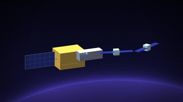 Indigo cubesat dispenser releasing small satellites in Earth horizon
