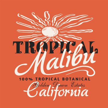Malibu Tropical Beach Illustration. Sunset Vector Graphics. Slogan Typography Text Print Design. perfects for tee shirt design, sweatshirt artwork. boy's girl's and women's.