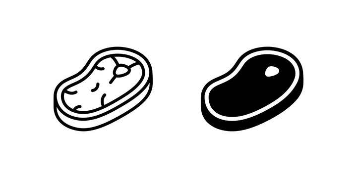 Steak icon outline and solid black for food and barbecue.