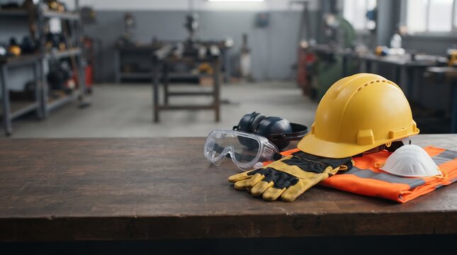 A yellow hard hat safety goggles protective gloves and a respiratory mask lying on a wooden table in an industrial workshop