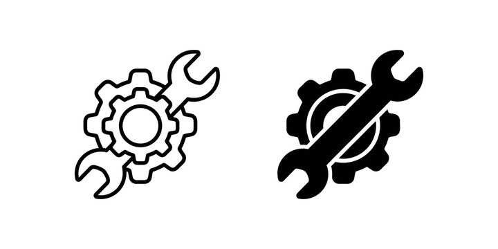 Cogwheel and wrench icon outline and solid for tools.