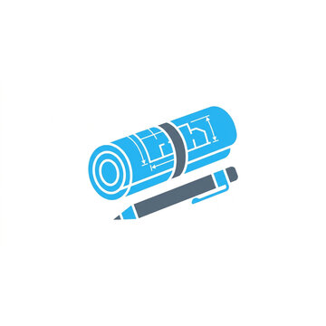 A professional duotone flat vector icon of a construction plan or architectural blueprint with a pencil.