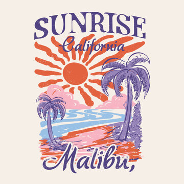 Sunrise California Malibu. hand drawing palm tree with sun ray illustration. Malibu beach vector graphics. vintage t-shirt design. tropical summer paradise. 