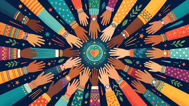 Diverse group of people reaching towards the center with a heart symbol surrounded by colorful patterned sleeves and decorative elements