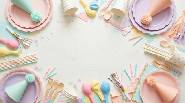 A charming, pastel-colored flat lay arrangement features disposable party plates, cups, cones, cutlery, and decorative items arranged in a circular frame on a light background.