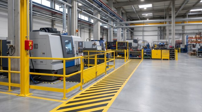 Modern industrial manufacturing facility featuring heavy machinery computer numerical control equipment and safety yellow guardrails on a clean spacious warehouse concrete floor