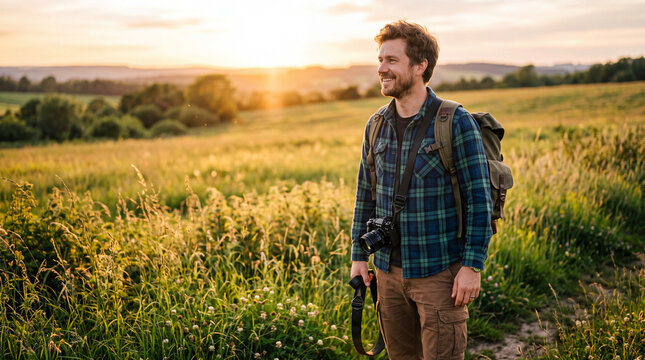 Man stands in a field during sunset with a camera and backpack, enjoying nature and taking photos