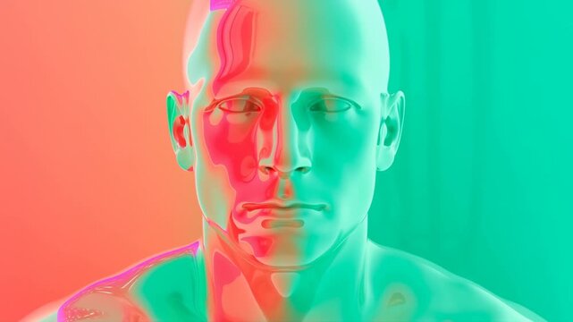 Sculpted human face facing forward against split coral and turquoise lighting