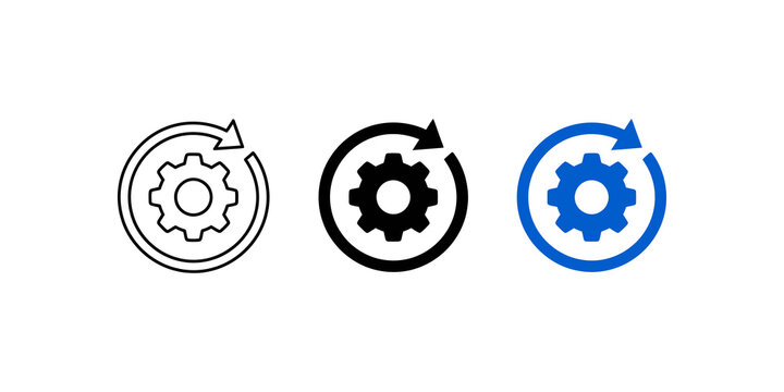 Gear and arrow icons representing settings, refresh, and process flow.