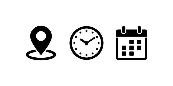 Location clock calendar icons for time and place.