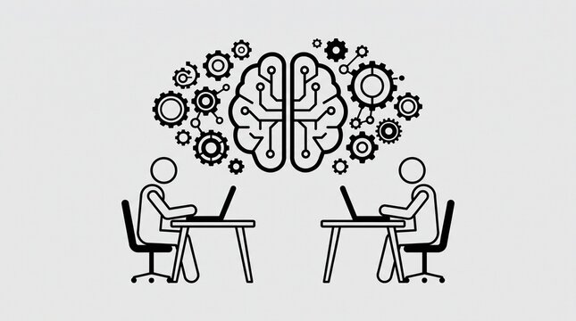 Two people working with brain and gears illustration