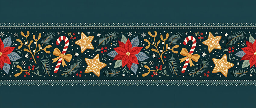 seamless christmas border illustration with festive poinsettia, candy canes, gingerbread stars, and mistletoe greenery on dark teal background
