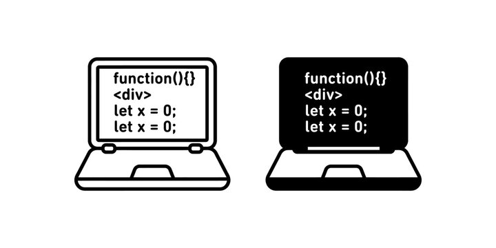 Laptop with code screen icon outline and filled design.