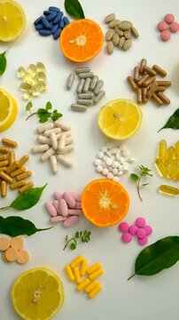 Various tablets and capsules, supplements and vitamins. Selective focus.