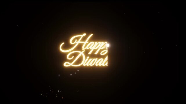 Glowing neon yellow happy diwali cursive lettering text animation with popping fireworks on dark black background for hindu festival of lights holiday greeting video template or intro loop.