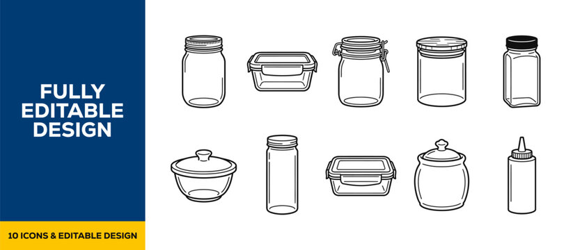 flat vector illustration line art icon bundle set design glass jar food container tupperware bowl storage simple thin editable stroke website mobile app ui presentation
