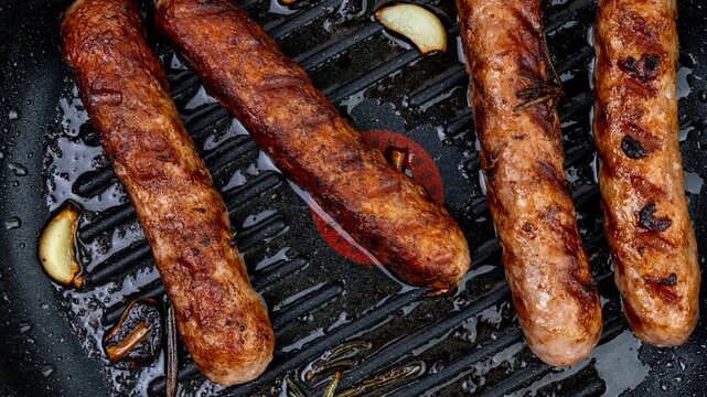 Two browned sausages are sizzling on a black cast iron grill pan with visible sear marks. Several cloves of garlic are roasting alongside the sausages, adding rich aroma and flavor to the cooking.