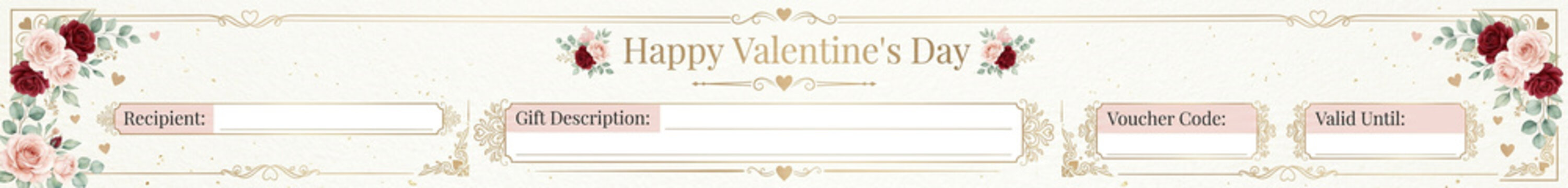 Minimalist valentine&rsquo;s day gift voucher template with elegant gold borders and subtle floral accents, featuring fields for recipient, gift description, voucher code, and validity