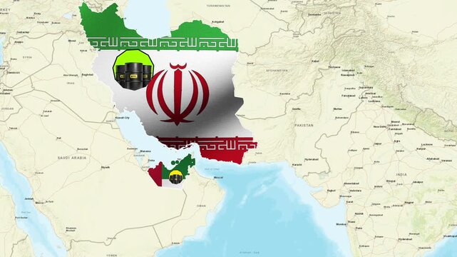 Middle East Map Animation Showing Oil Reserve in Iran and UAE 4K.Highlight and Data Grid for Global Logistics and Trade Documentary.