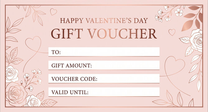 Happy valentine's day gift voucher with decorative rose gold leaves and hearts, including fields for recipient, gift amount, voucher code, and validity