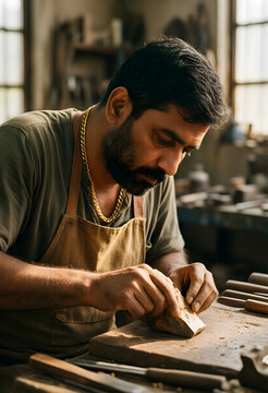 Craftsmanship and artisan tradition, skilled woodworker carving wood in a workshop with manual tools for custom furniture making and carpentry work