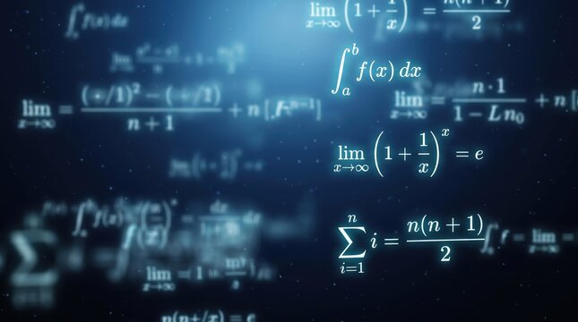 Mathematical formulas and equations glowing on a dark blue technological background representing science, learning, and analysis