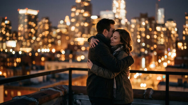 A couple embraces romantically on a rooftop overlooking a city skyline at night, their silhouette against the dazzling urban lights, signifying love and connection amidst the vibrant metropolis.