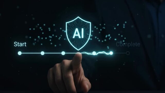 Businessman pointing at glowing AI security shield at center of corporate progress timeline