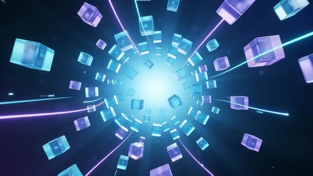 Glowing glass cubes flying through futuristic portal tunnel with neon lights and electric energy expansion for tech motion concept