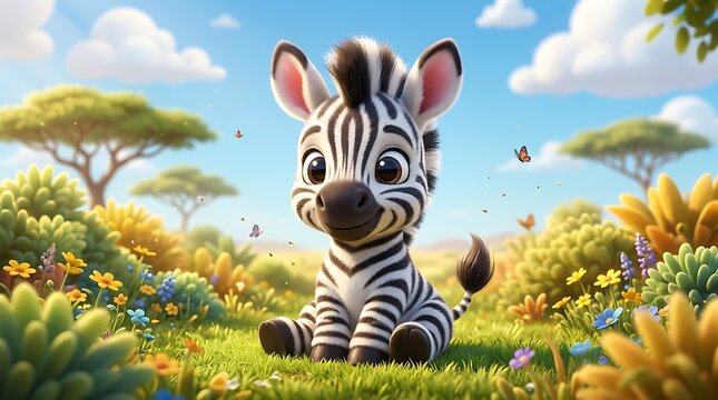Cute cartoon zebra sitting happily in colorful blooming meadow field