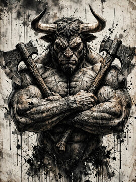 Powerful Minotaur Warrior Holding Crossed Battle Axes Ink Illustration