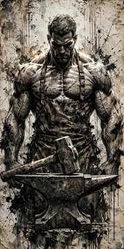 Powerful Muscular Blacksmith Standing Over Anvil With Hammer