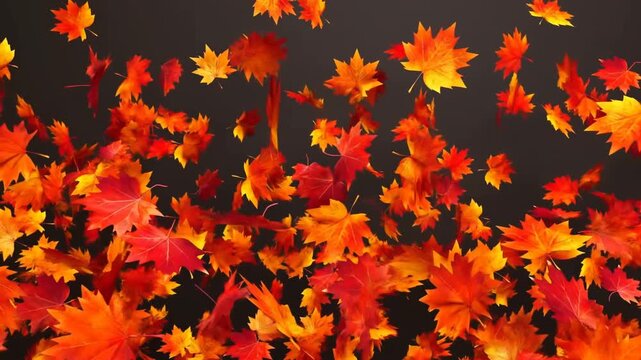 Autumn maple leaves suspended against a dark background in a colorful fall display