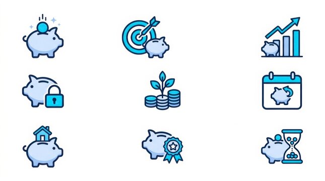 Icons of piggy banks with various symbols representing savings, finance, and time