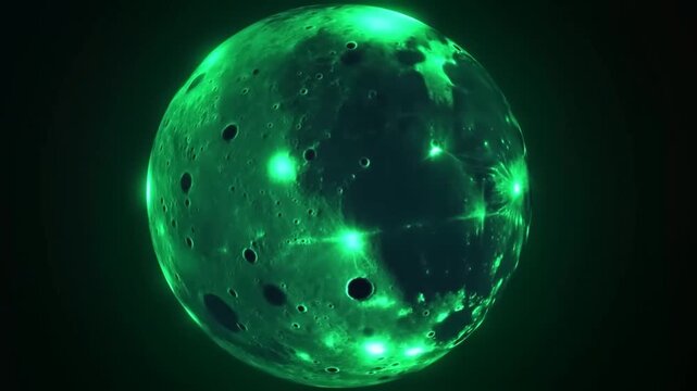 Glowing green cratered moon with a luminous surface against a dark space background