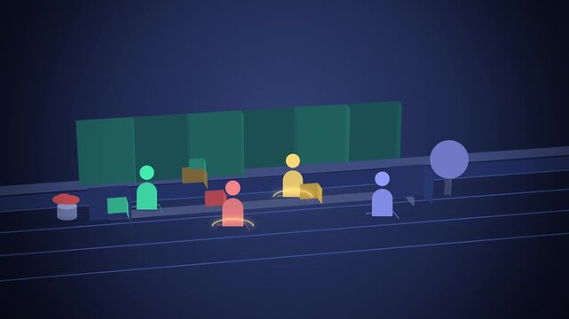 Pictogram crate passing along a row of team room scene