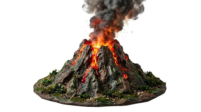 Volcano Eruption With Lava Flowing And Smoke Explosion Scenery