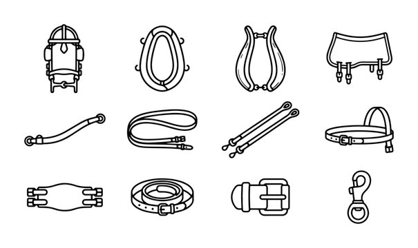 Equestrian tack line icon set with bridle, saddle pad, reins and girth for horse riding