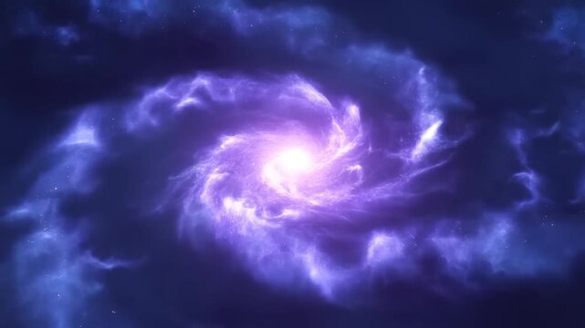 Glowing spiral galaxy with sweeping arms and bright core in a deep blue star field
