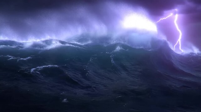 Storm waves crest and spray beneath dark clouds as lightning flashes over open water