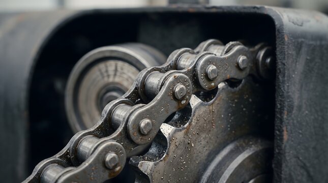 Close-up of a lubricated industrial roller chain engaging a heavy-duty steel sprocket drive mechanism