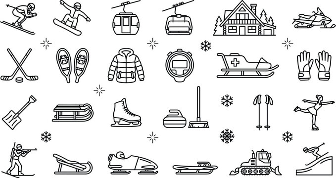 Winter Sports and Cold Season Activities Minimalist Black Line Art Outline Icon Set Featuring Skiing Snowboarding Hockey Equipment Cabin and Sled Symbols for Vector Designs