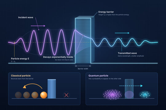 Quantum tunneling infographic, labeled diagram of incident wave, energy barrier, exponential decay and transmitted wave, classical vs quantum particle